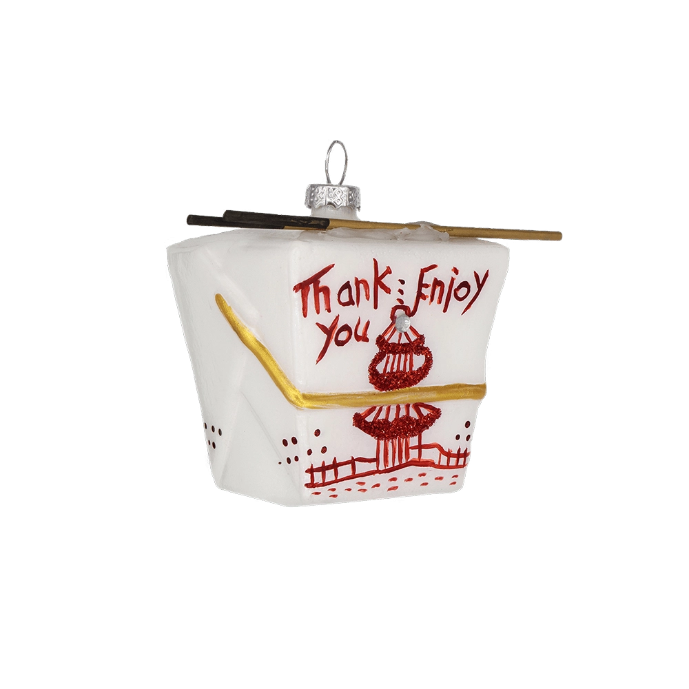 Chive glass Chinese takeout box ornament shown straight-on with red pagoda design detail.