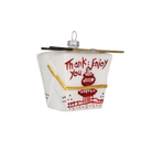 Chive glass Chinese takeout box ornament shown straight-on with red pagoda design detail.