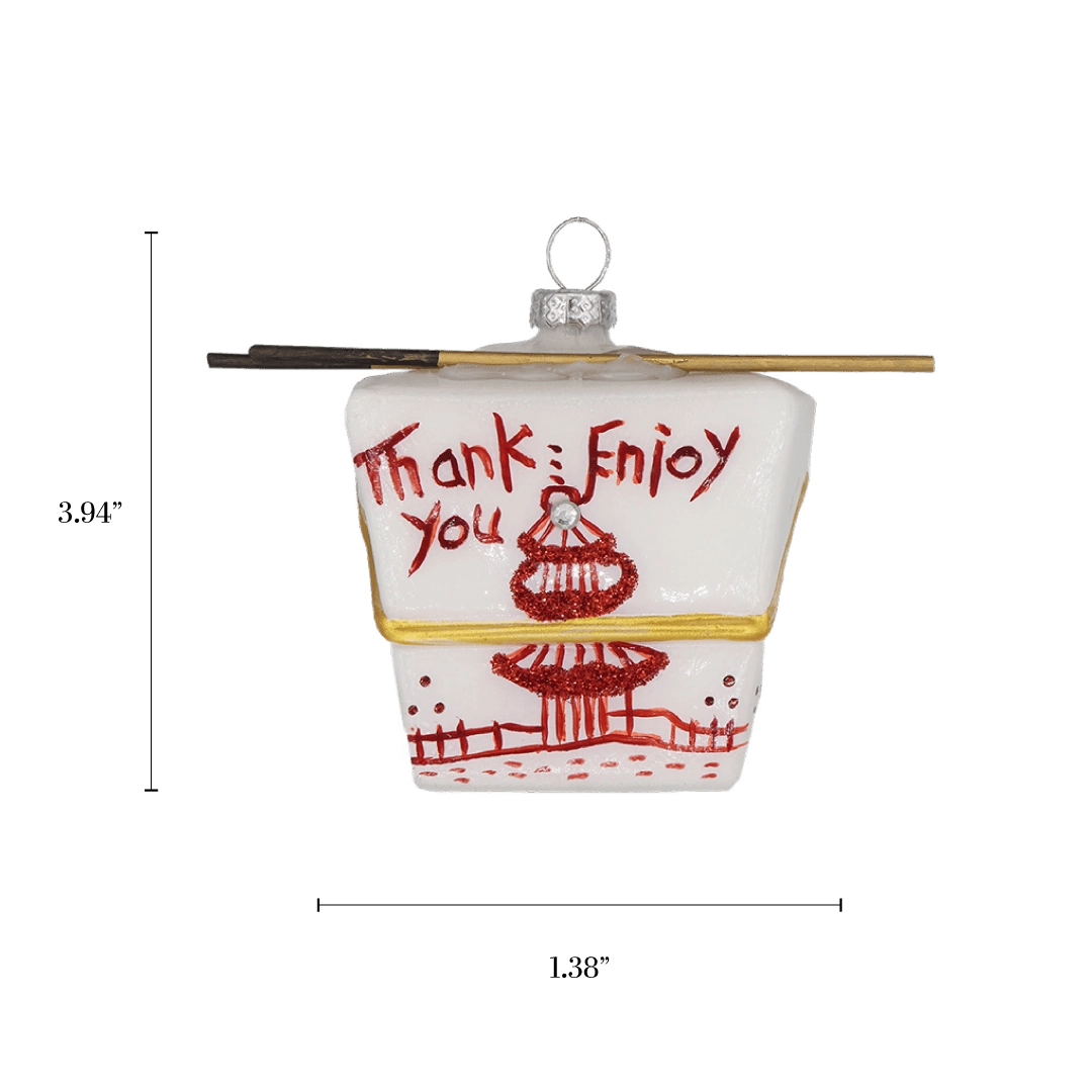 Chive glass Chinese takeout box ornament with a dimension diagram showing its compact size.