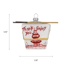 Chive glass Chinese takeout box ornament with a dimension diagram showing its compact size.