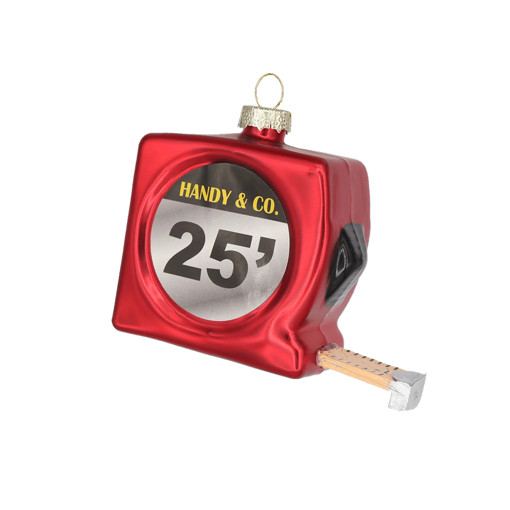 Chive glass tape measure ornament in red with a printed dial and metal hook end.