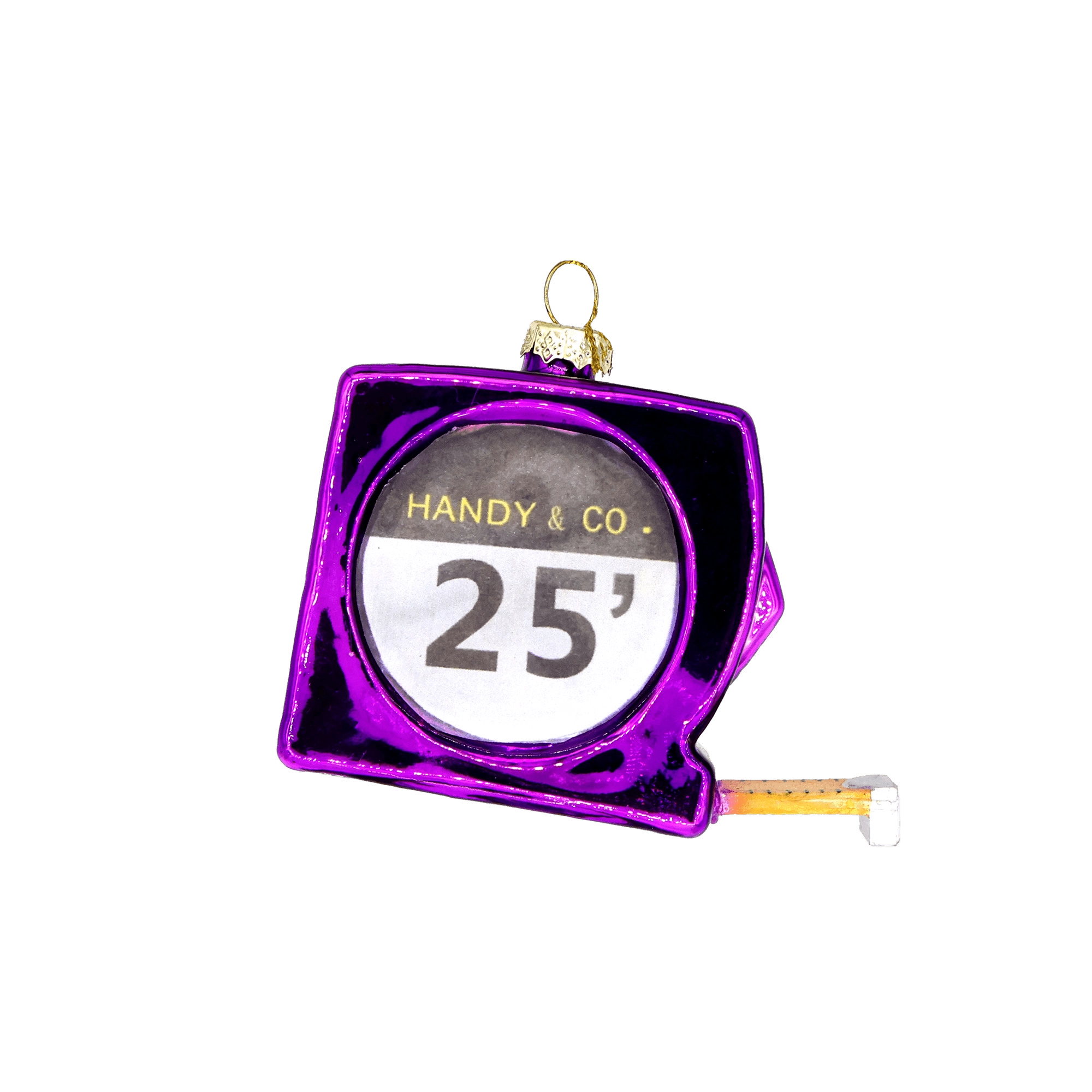 Chive glass tape measure ornament in purple with a printed dial and metal hook end.