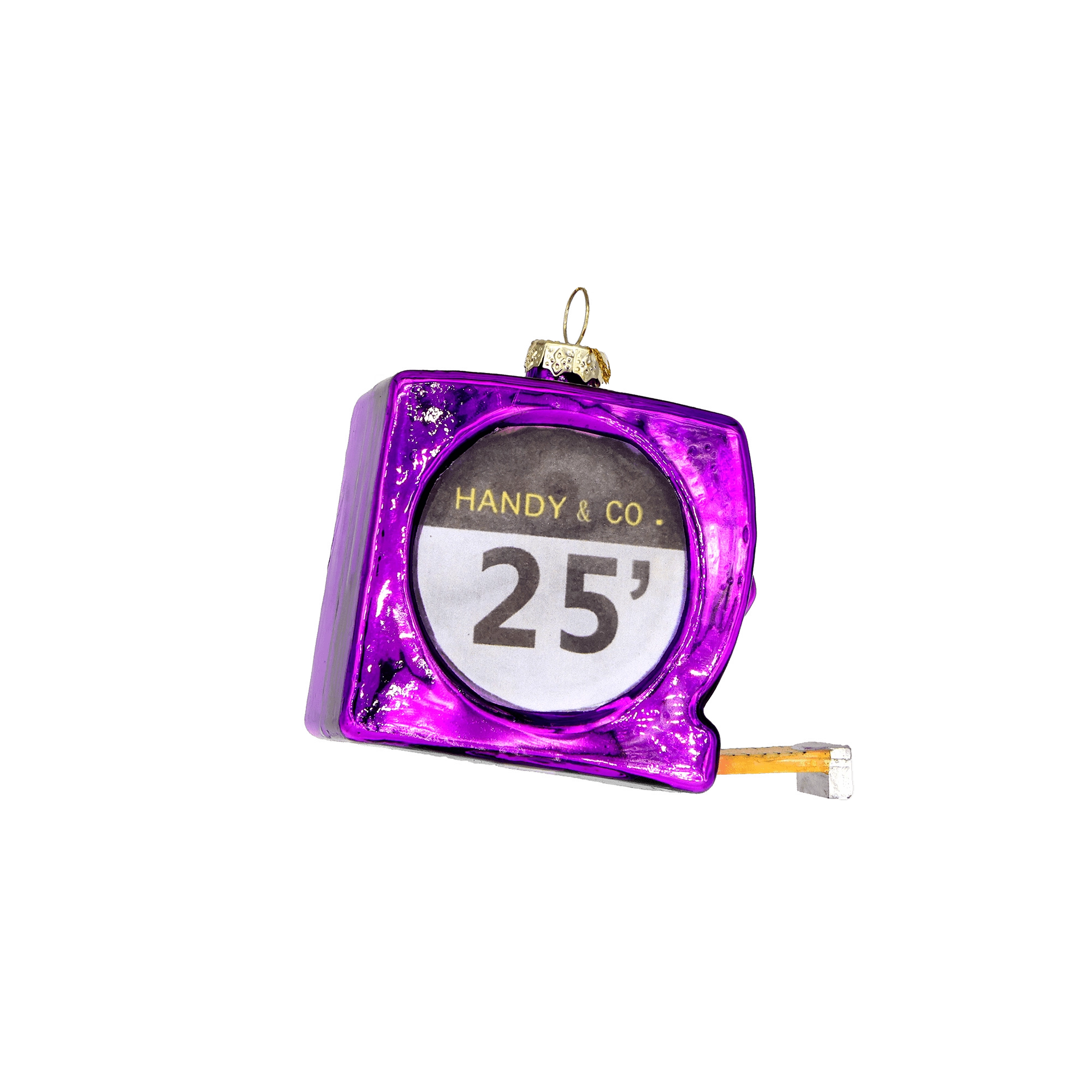 Chive glass tape measure ornament shown at a similar angle in glossy purple.