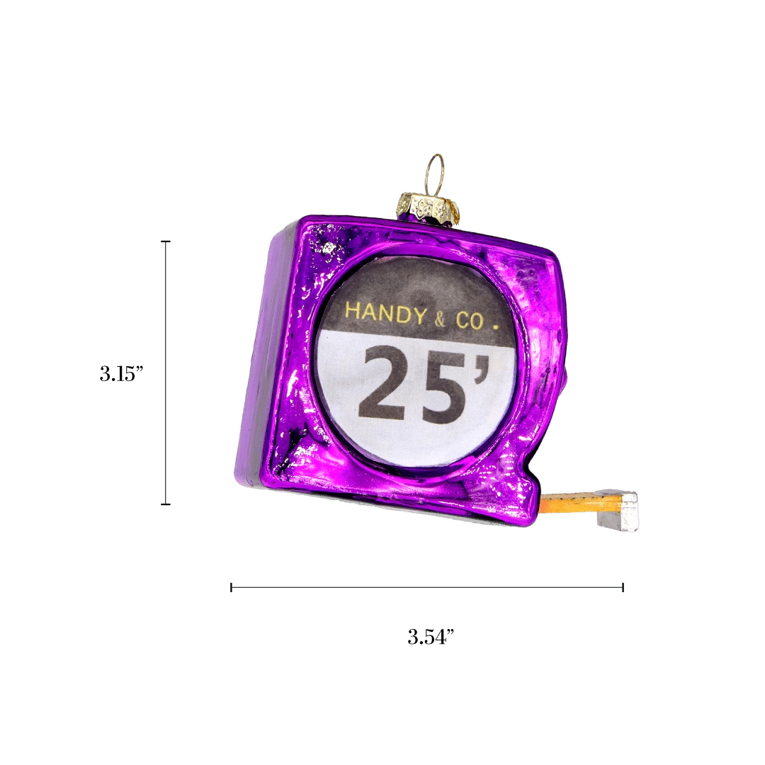 Chive glass tape measure ornament with a dimension diagram showing its compact size.