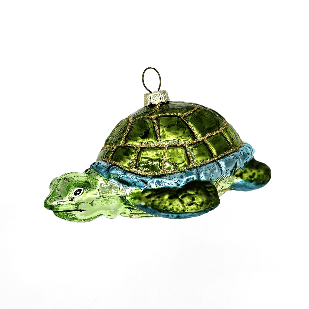 Chive glass tortoise ornament in green with a gold glitter-etched domed shell.