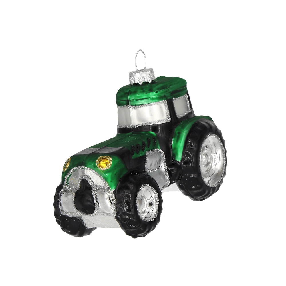 Chive glass farm tractor ornament in green with black tires and silver glitter trim.