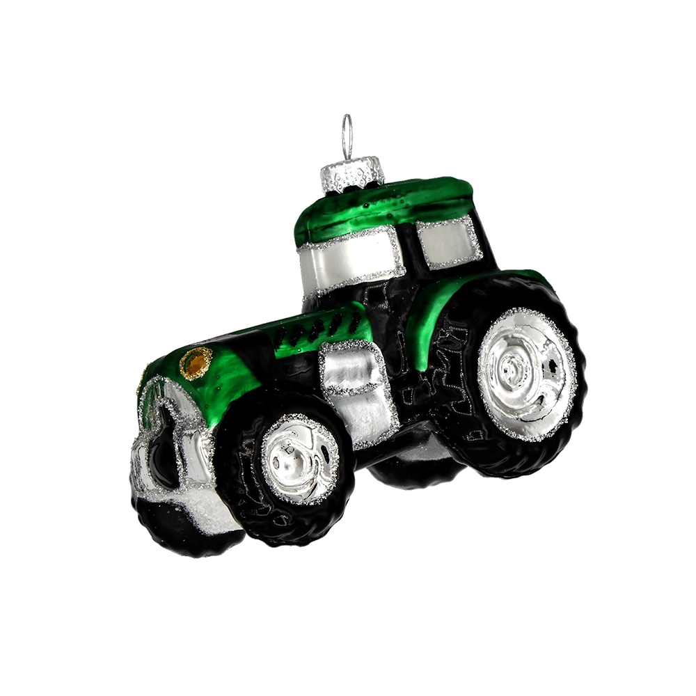 Chive glass farm tractor ornament shown at a slight angle with glittered wheel detail.