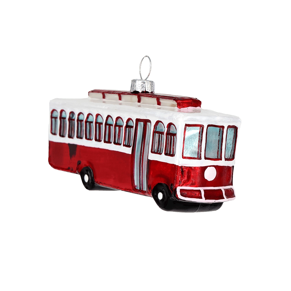 Chive glass trolley car ornament in red and white with round arched windows.