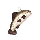 Chive glass trout ornament in cream and brown with speckled scale detail.