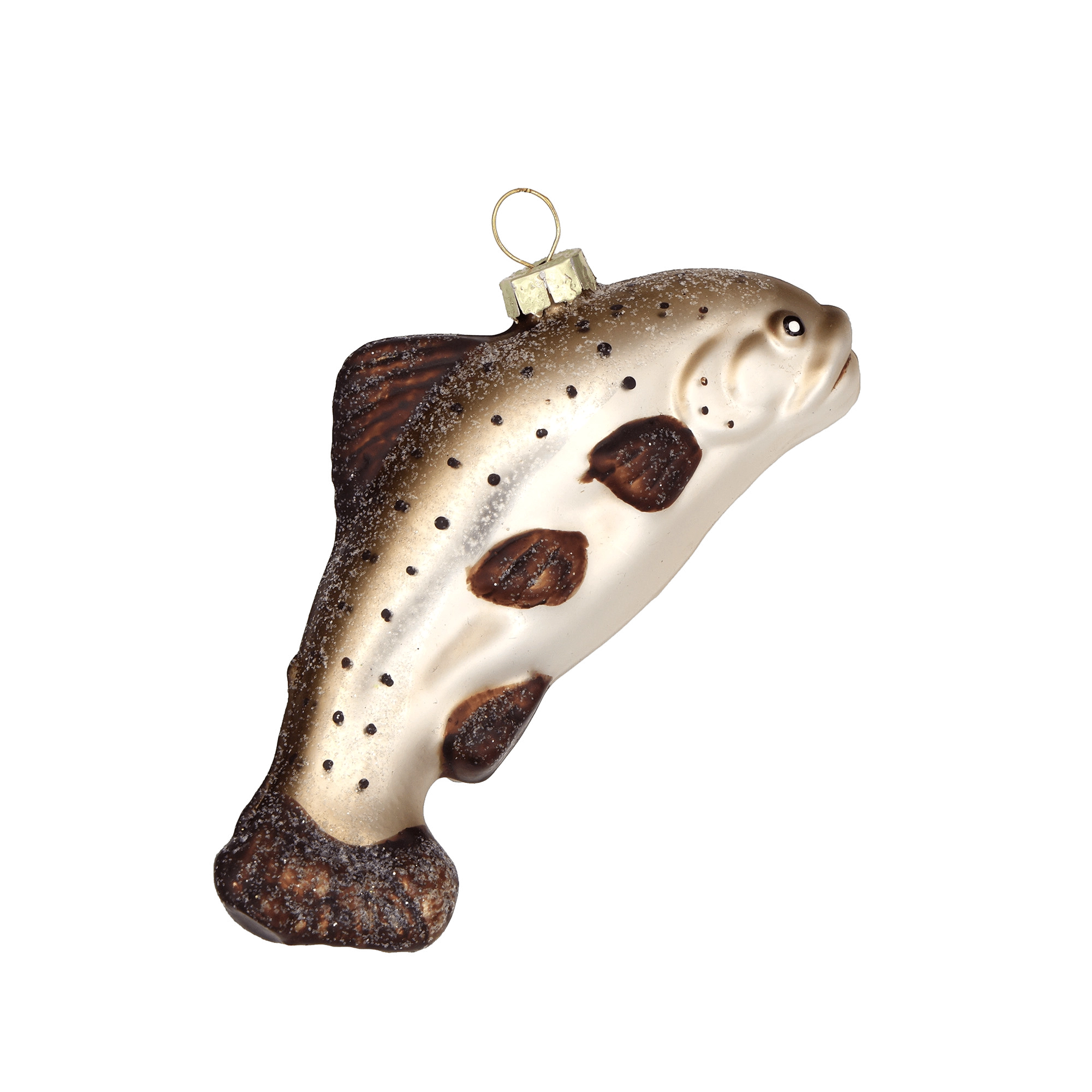 Chive glass trout ornament in cream and brown with speckled scale detail.