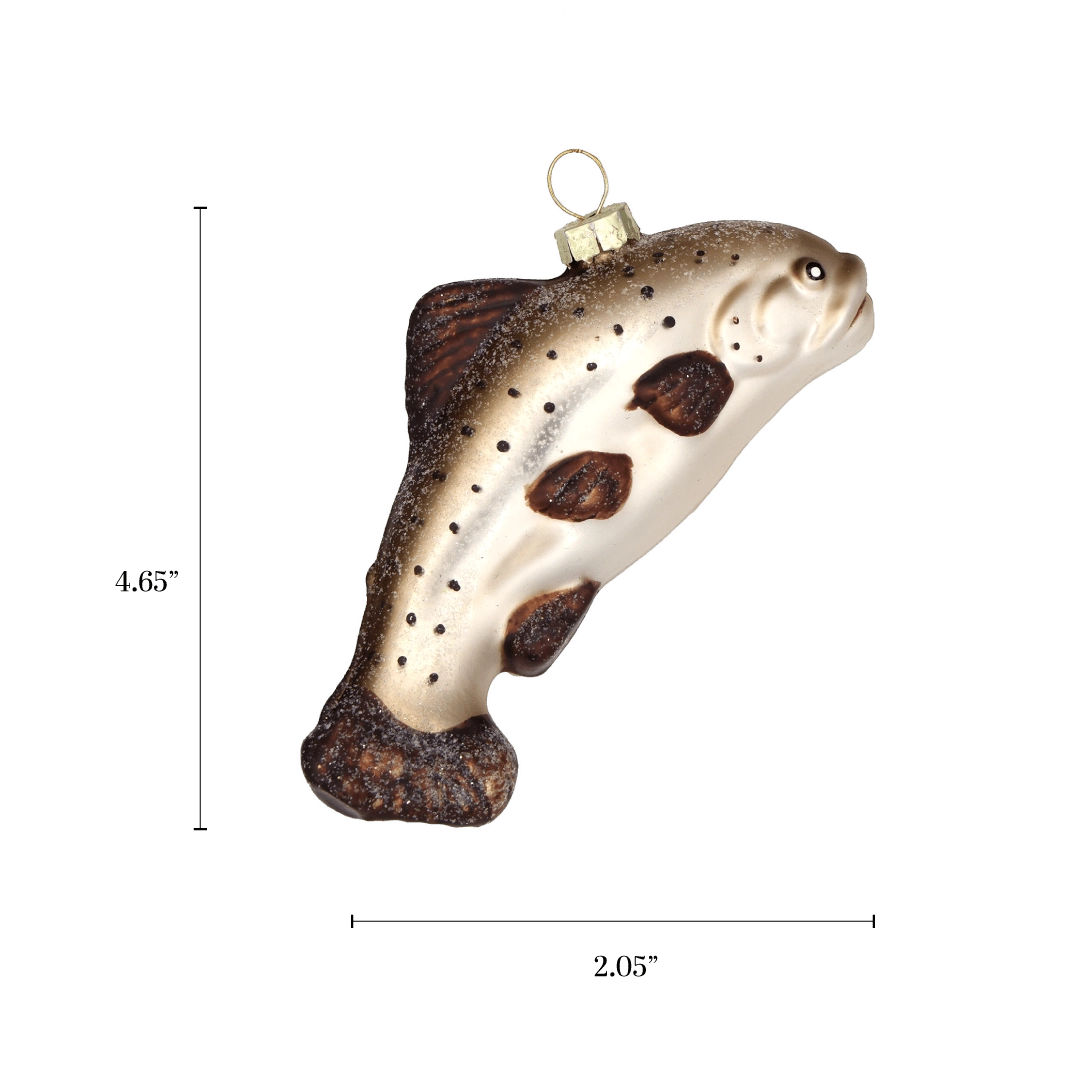 Chive glass trout ornament with a dimension diagram showing its curved leaping pose.