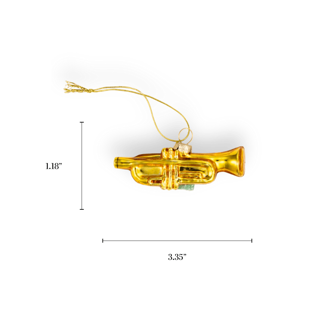 Chive glass trumpet ornament in gold with detailed valve accents.