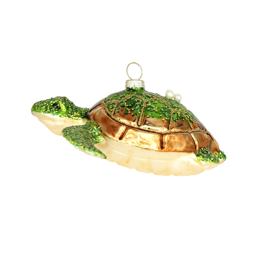 Chive glass sea turtle ornament in gold with green glitter shell and pearl accents.