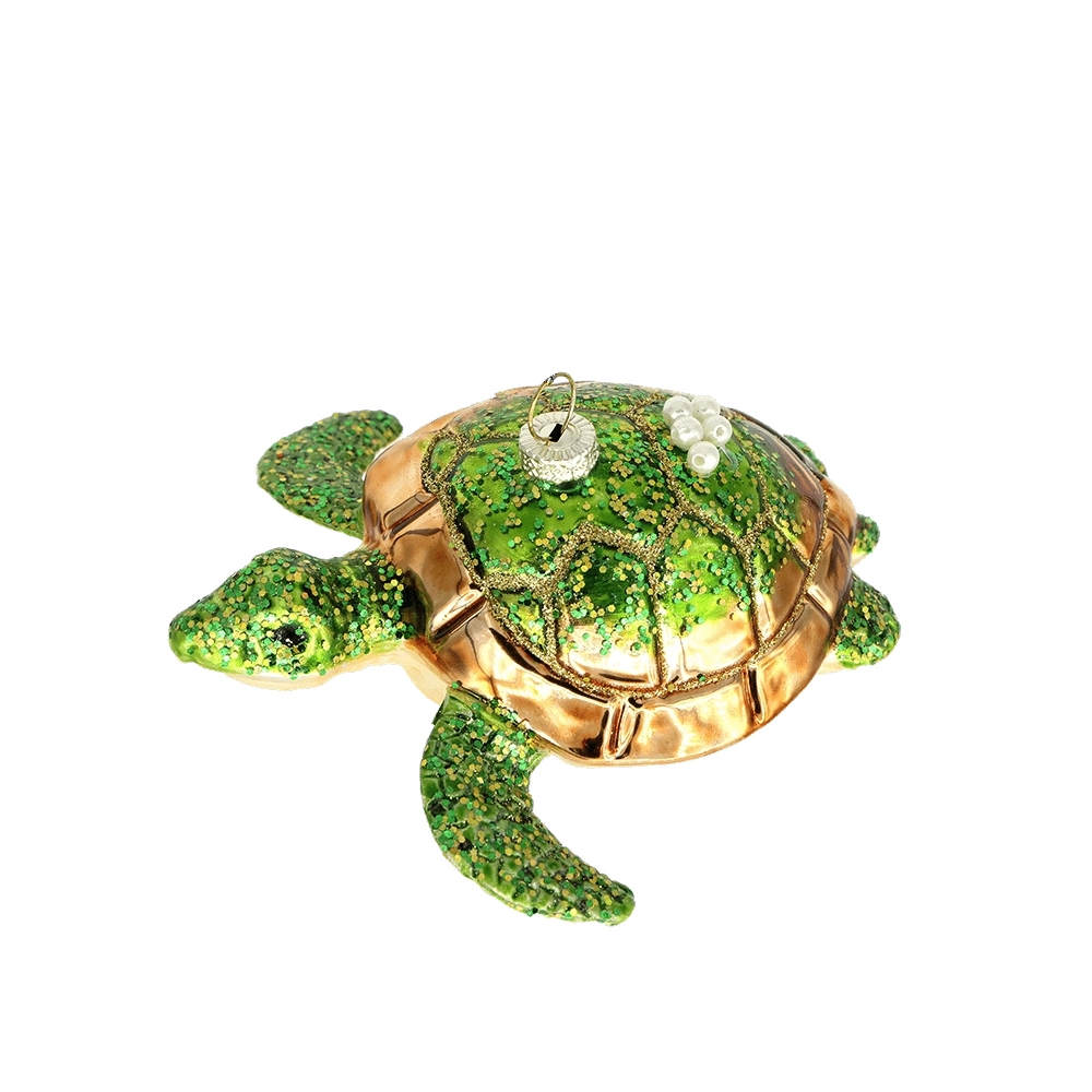 Chive glass sea turtle ornament, overhead view of the gold glitter-etched shell.