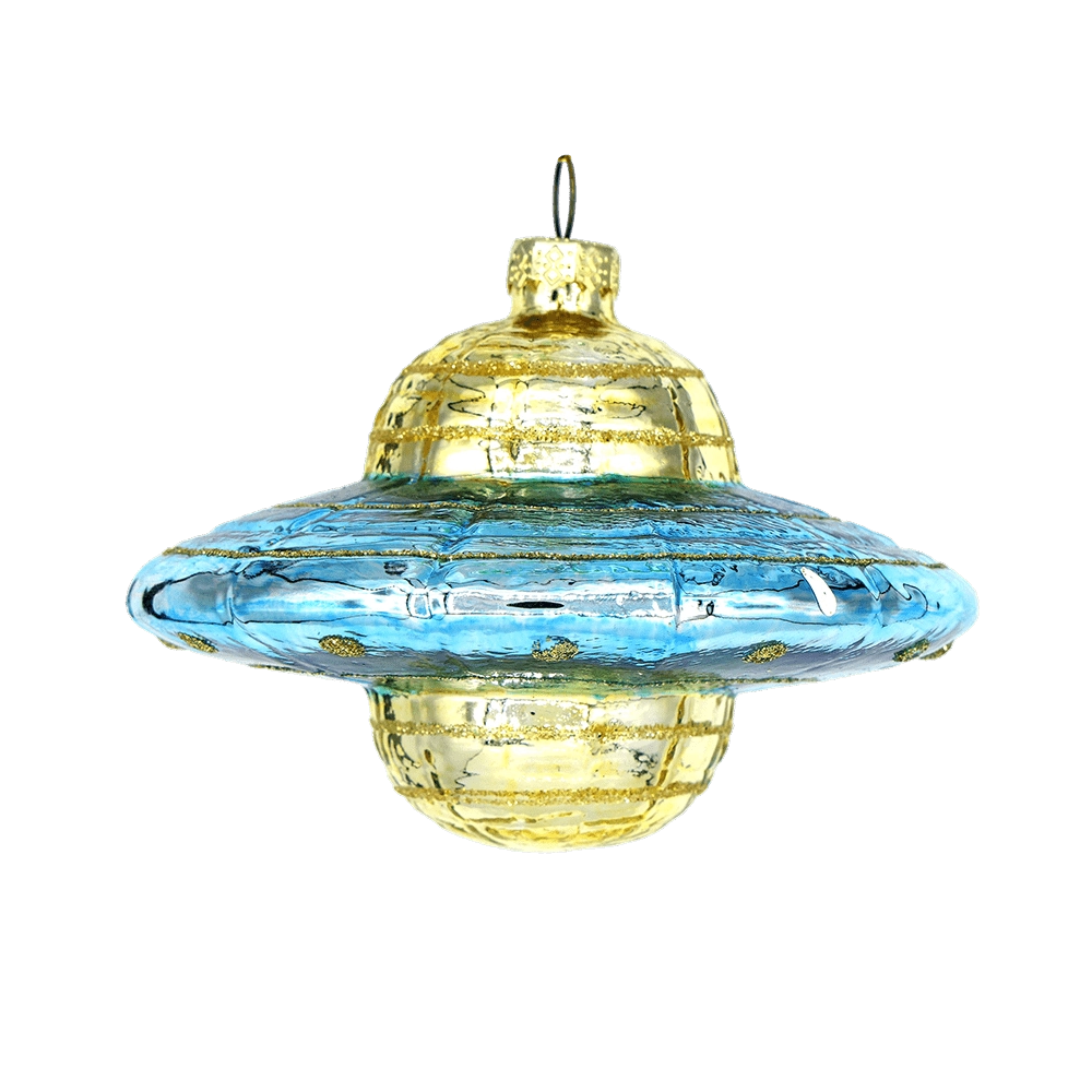 Chive glass UFO ornament in blue and gold with a paneled saucer shape.
