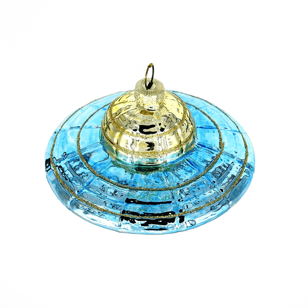 Chive glass UFO ornament, overhead view of the gold-ridged saucer top.