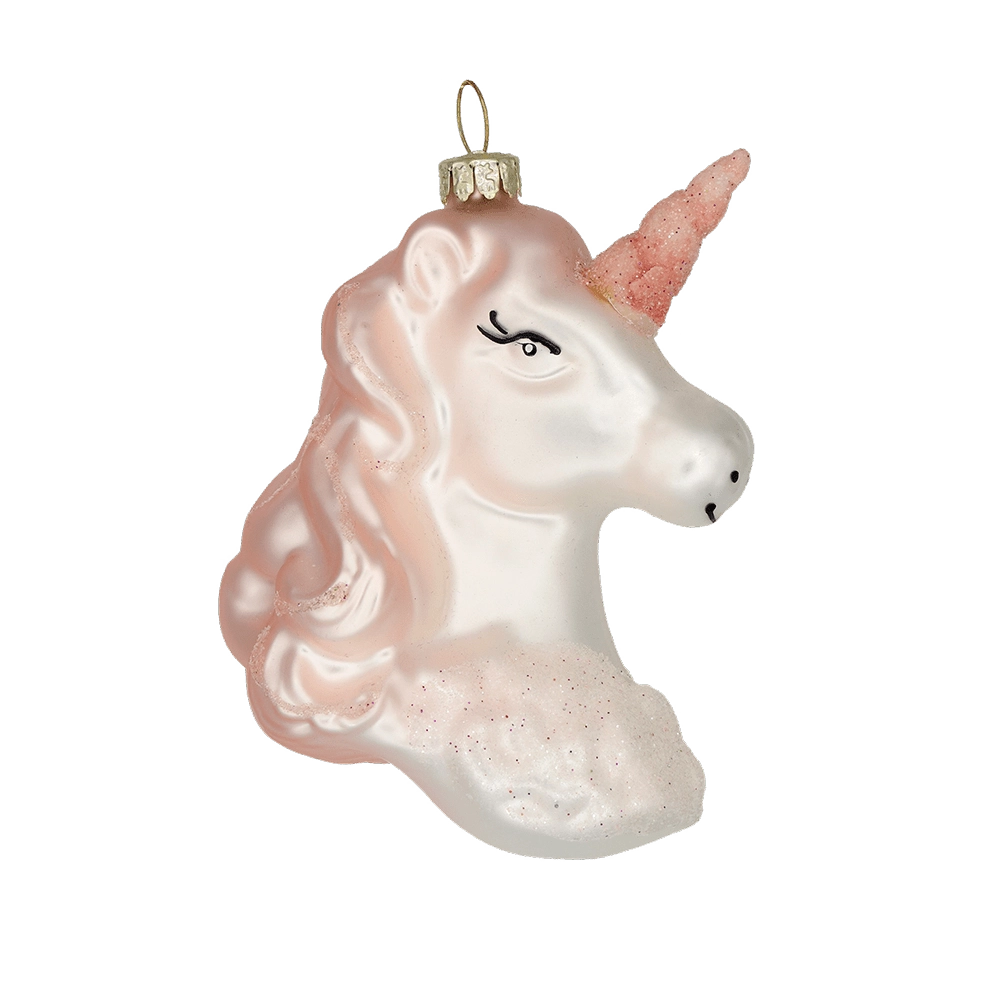 Chive glass unicorn head ornament in white with a pink glittered mane and horn.