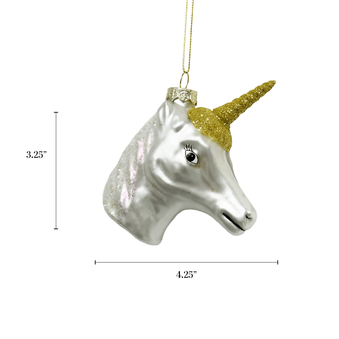 Chive glass unicorn head ornament in silver with a glitter mane and gold horn.