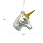 Chive glass unicorn head ornament in silver with a glitter mane and gold horn.