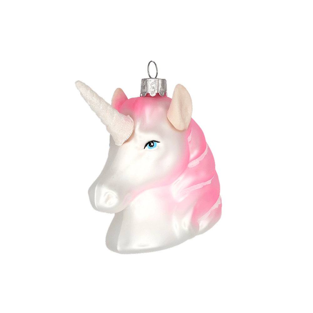 Chive glass unicorn head ornament in white with a pink mane and glittered horn.