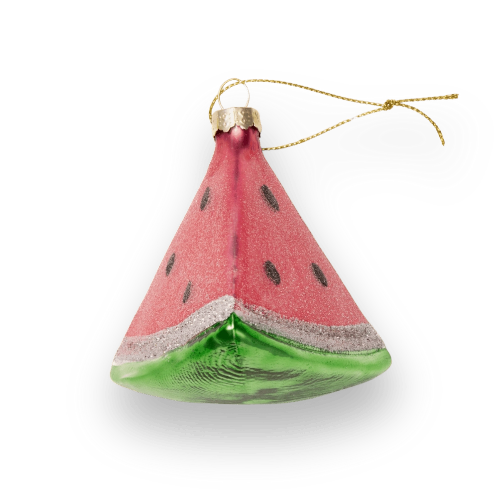 Chive glass watermelon slice ornament in pink and green with a wedge shape.