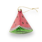 Chive glass watermelon slice ornament in pink and green with a wedge shape.