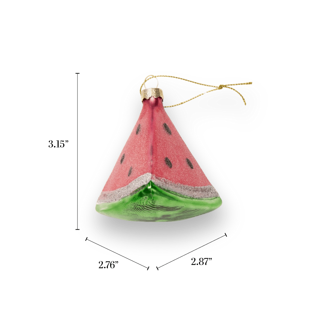 Chive glass watermelon slice ornament with a glittered pink rind and black seeds.