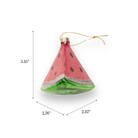 Chive glass watermelon slice ornament with a glittered pink rind and black seeds.