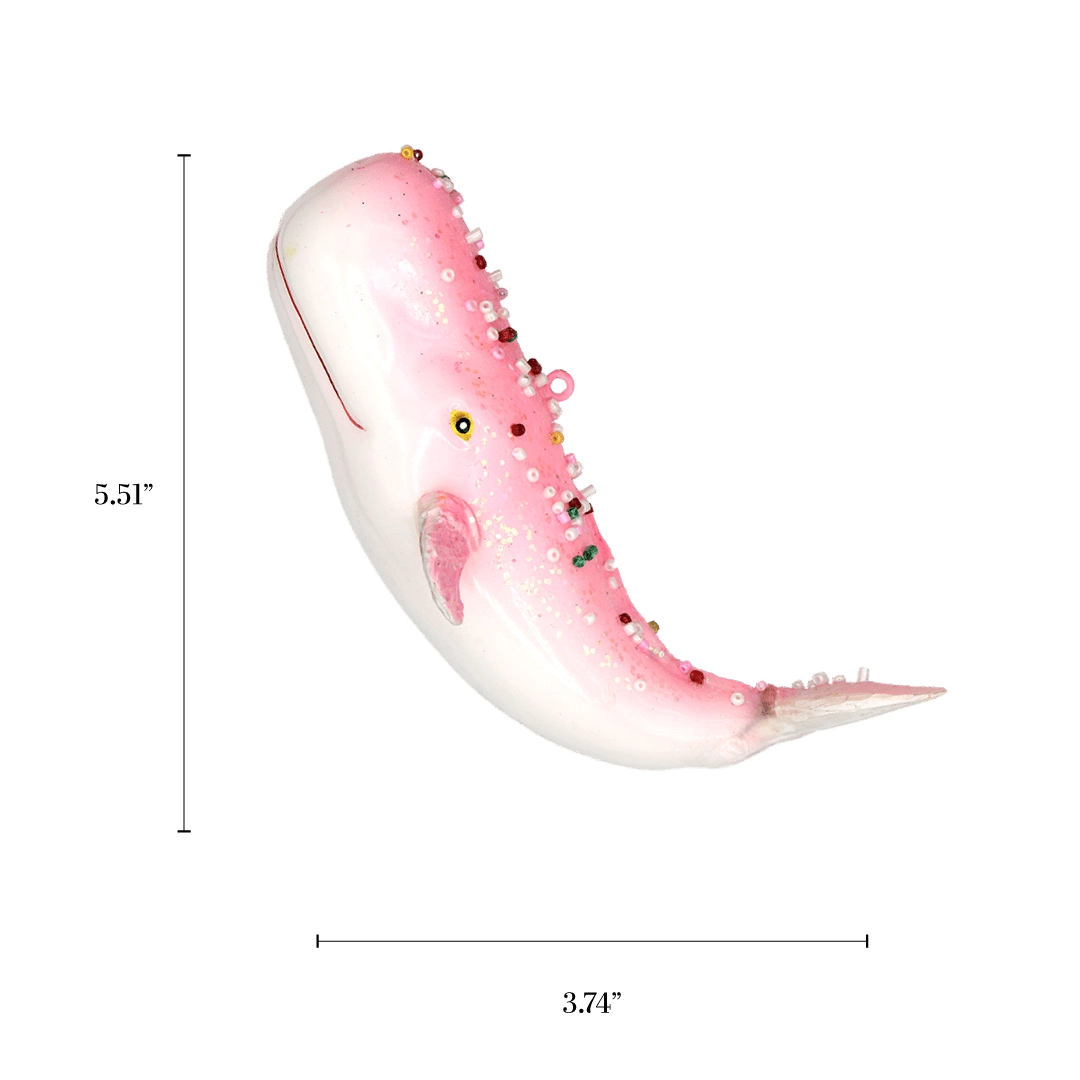 Chive glass whale ornament with a dimension diagram showing its curved swimming size.