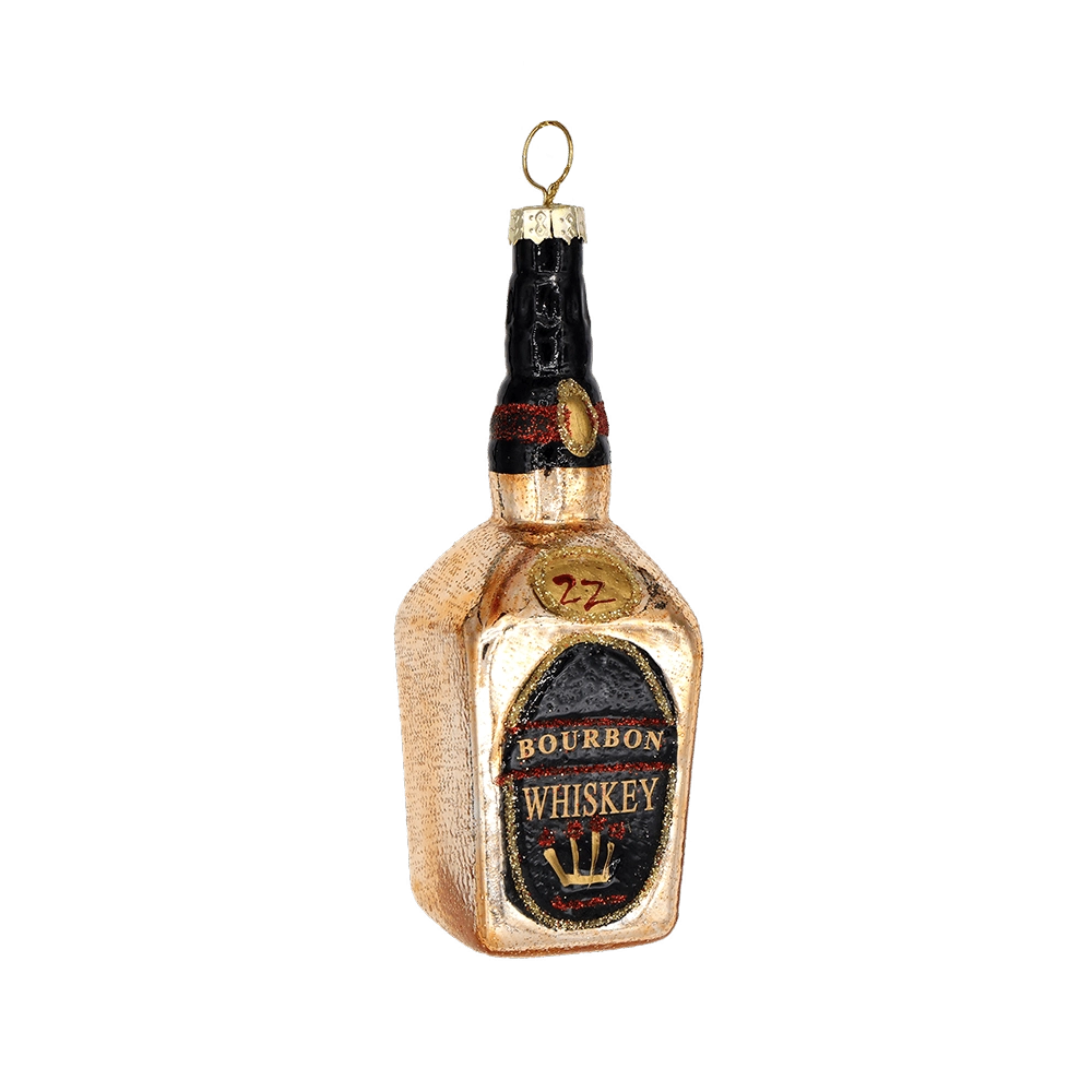 Chive glass whiskey bottle ornament in gold with a bourbon label and crown crest.