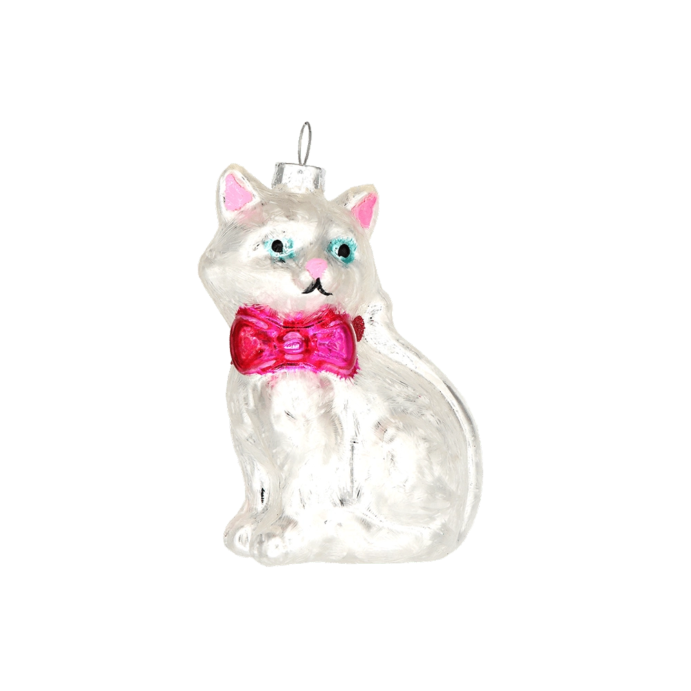 Chive glass white cat ornament with a pink bow tie and painted blue eyes.