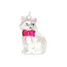 Chive glass white cat ornament with a pink bow tie and painted blue eyes.
