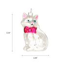Chive glass white cat ornament with a dimension diagram showing its seated pose.