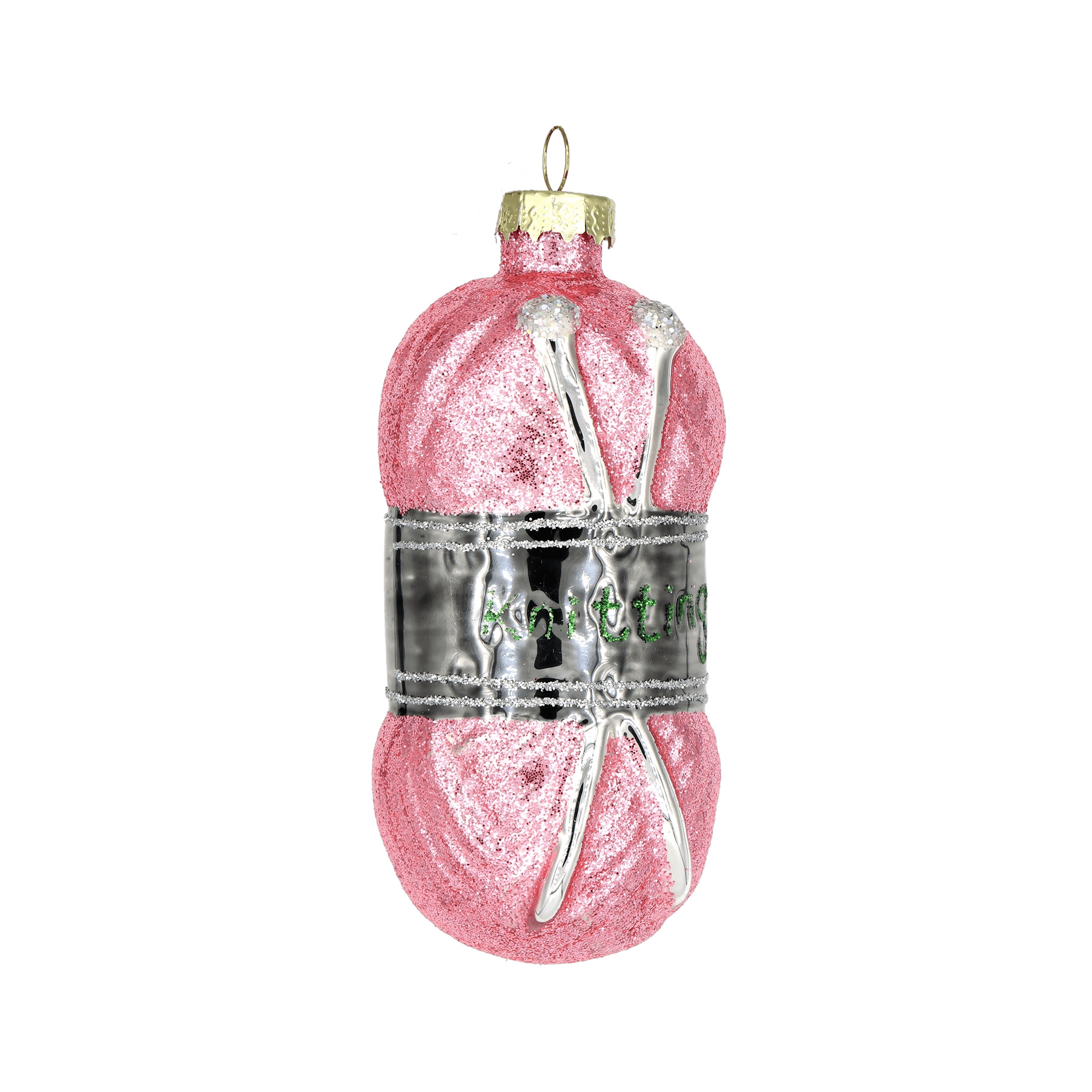 Chive glass yarn skein ornament in pink glitter with crossed knitting needles.