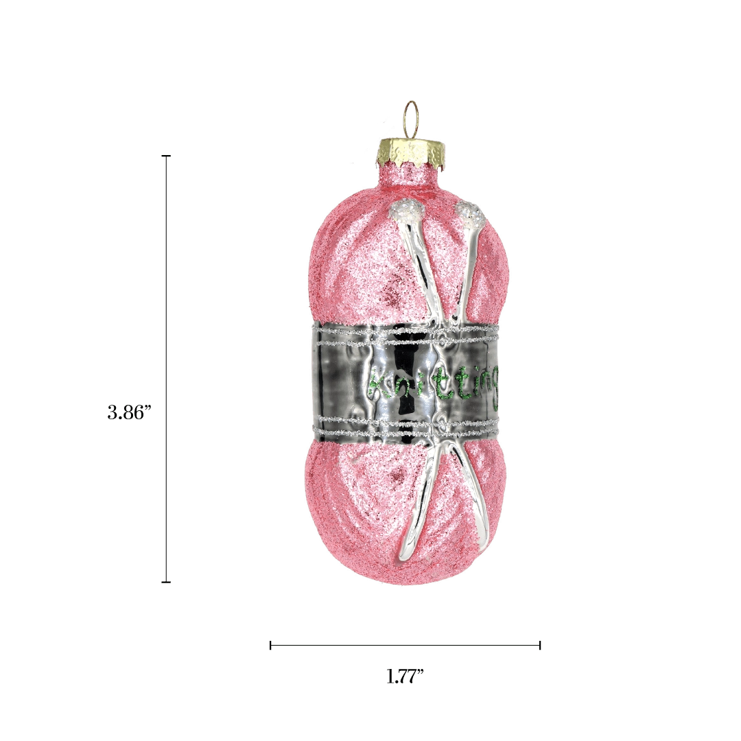 Chive glass yarn skein ornament with a dimension diagram showing its rounded shape.