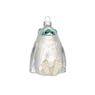 Chive glass yeti ornament in white with a teal face mask and textured fur detail.