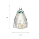 Chive glass yeti ornament with a dimension diagram showing its rounded sitting size.