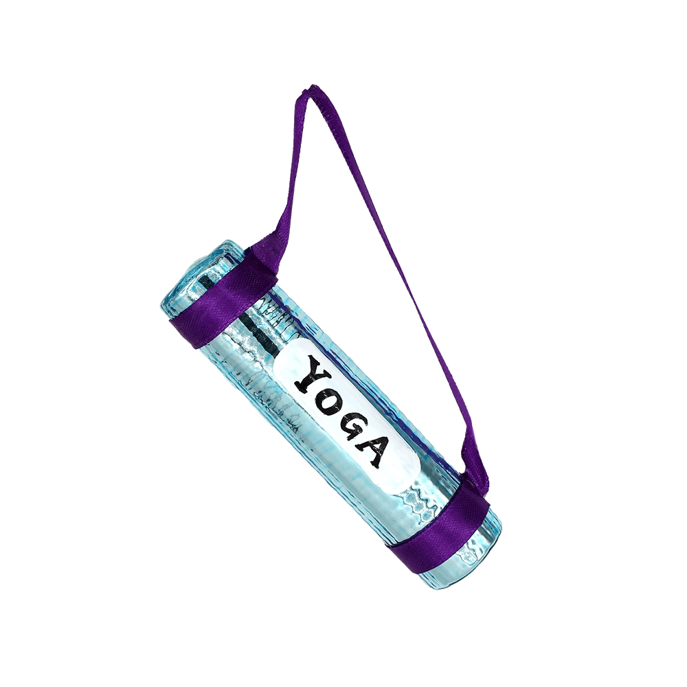 Chive glass rolled yoga mat ornament in blue with a purple strap and label.