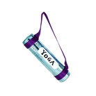 Chive glass rolled yoga mat ornament in blue with a purple strap and label.
