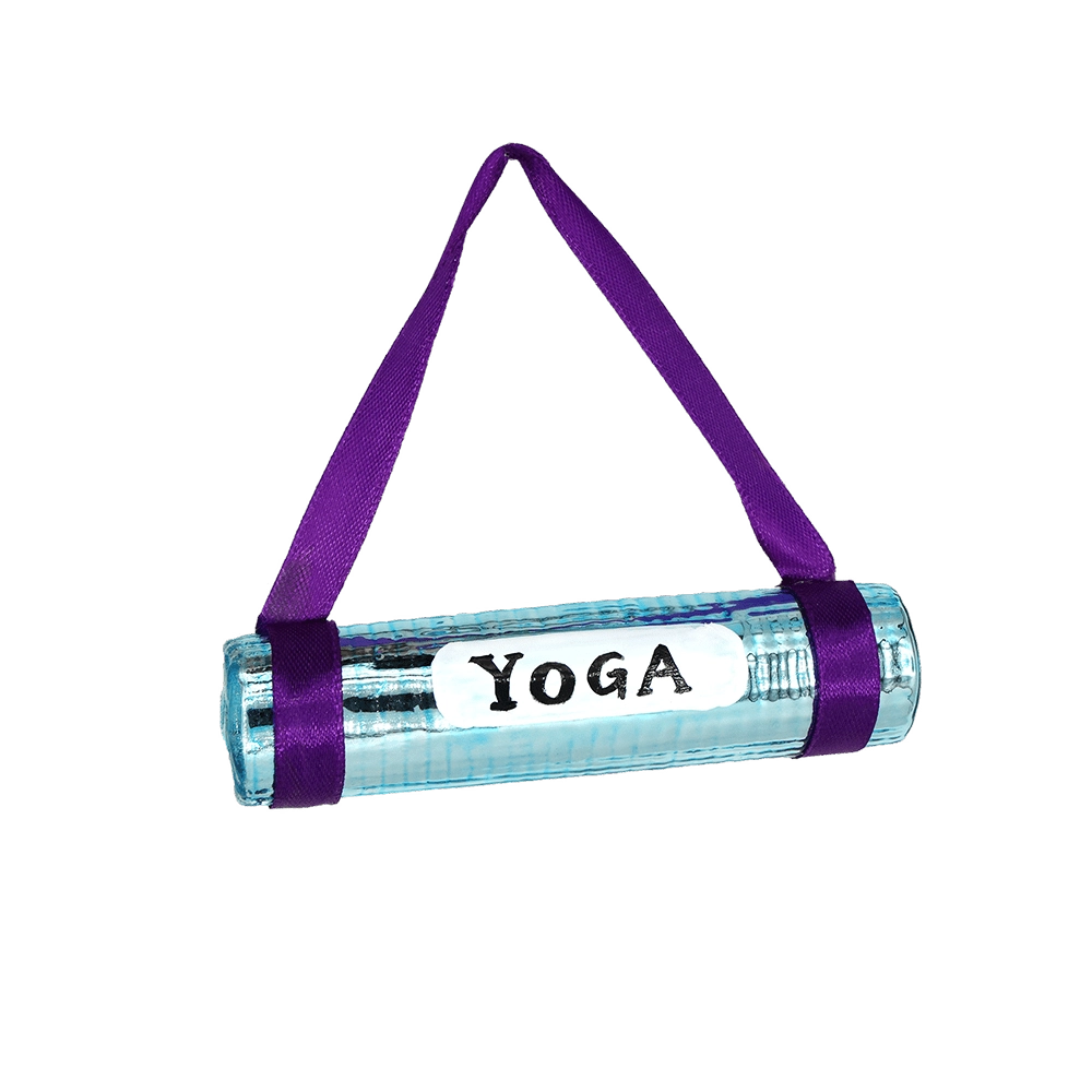 Chive glass rolled yoga mat ornament shown straight-on with a purple carry strap.