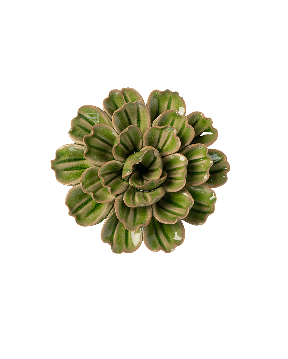 A ceramic petunia plant with green glazed leaves and brown clay edges, photographed from directly above on a plain white background.