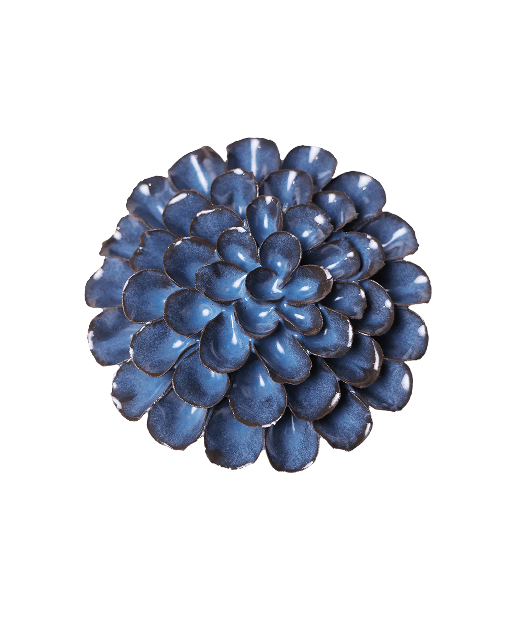 A round, multi-petal succulent-style decorative wall piece in a glossy blue finish with dark brown edging, shown against a plain white background.