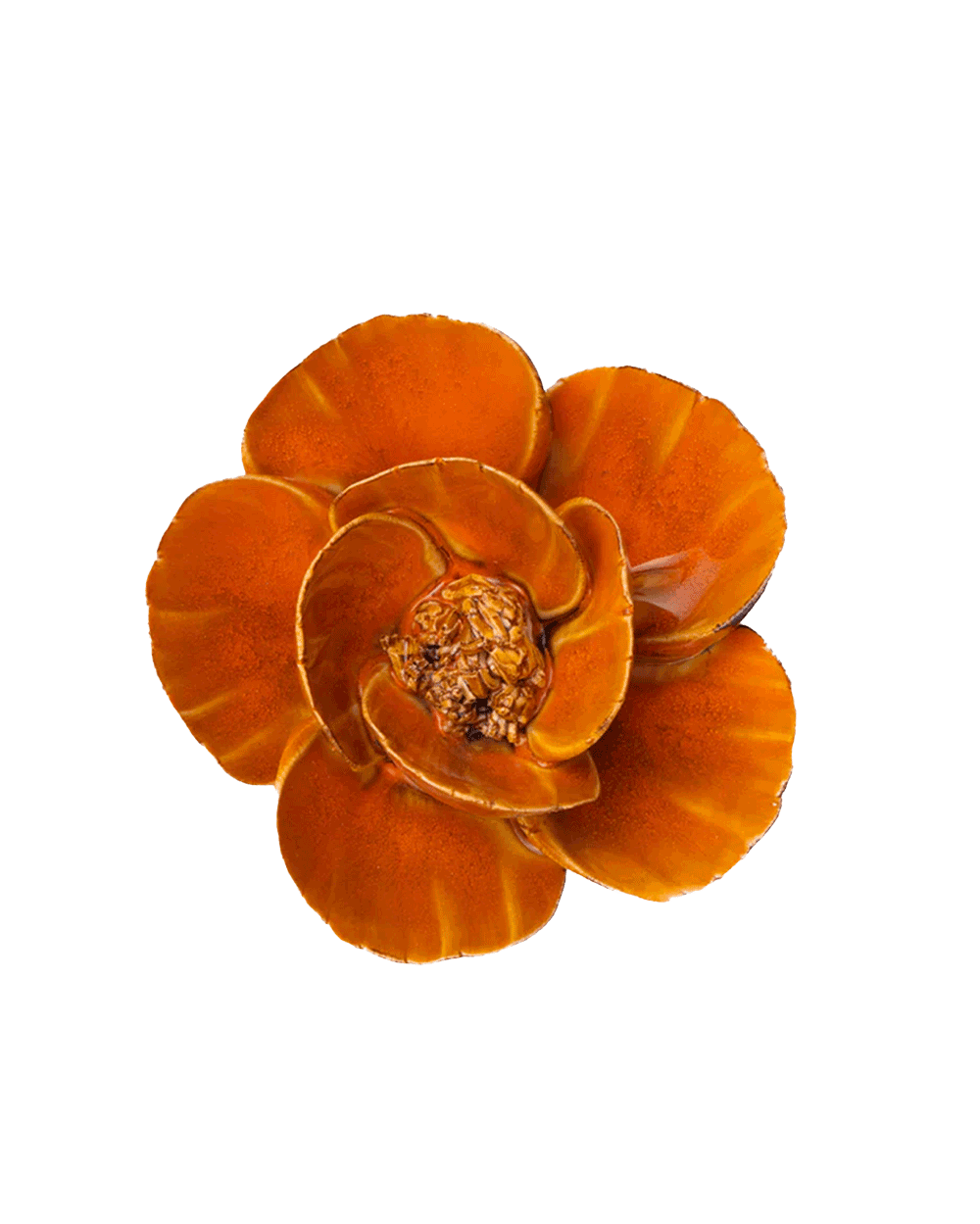 An orange ceramic flower-shaped candle holder with layered petals and a textured brown center, isolated on a white background.