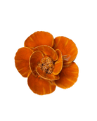 An orange ceramic flower-shaped candle holder with layered petals and a textured brown center, isolated on a white background.