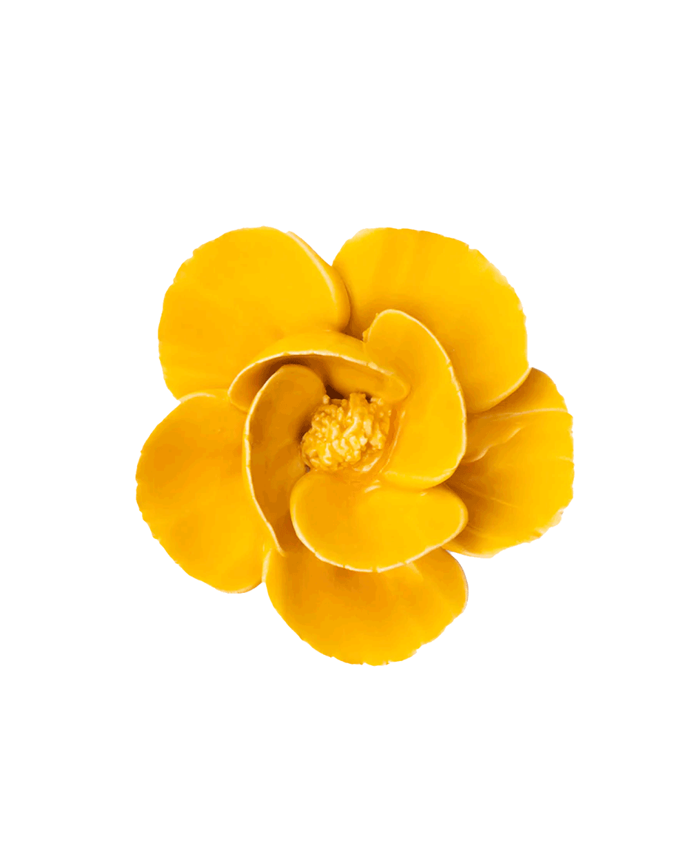 A bright yellow artificial flower with layered petals and a textured center, isolated on a plain white background.