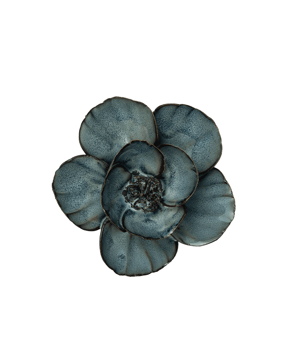 A single flower-shaped decorative object with five rounded petals in a mottled slate blue-gray color, isolated on a solid black background.