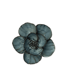 A single flower-shaped decorative object with five rounded petals in a mottled slate blue-gray color, isolated on a solid black background.