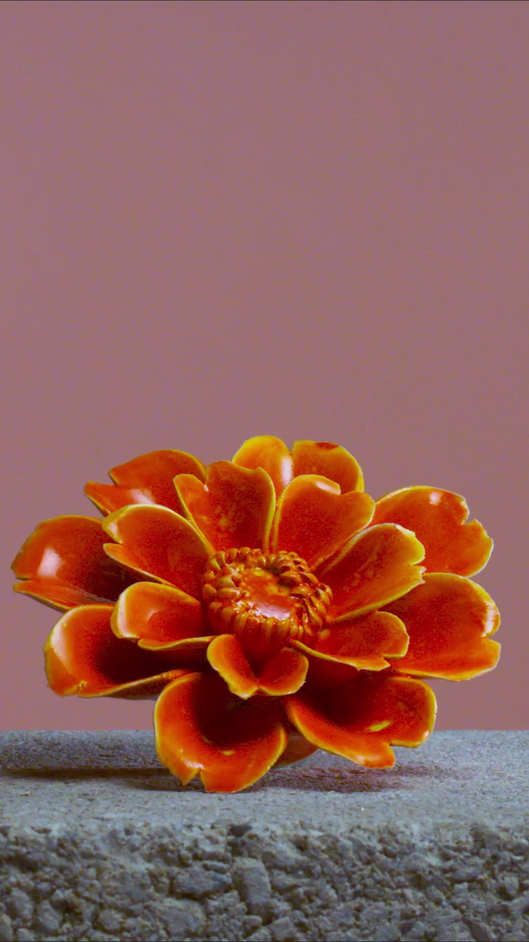Orange yellow paris daisy ceramic wall flower shattered by sledgehammer exploding into pieces with a trail of white smoke in slow motion — France Collection — Chive Studio