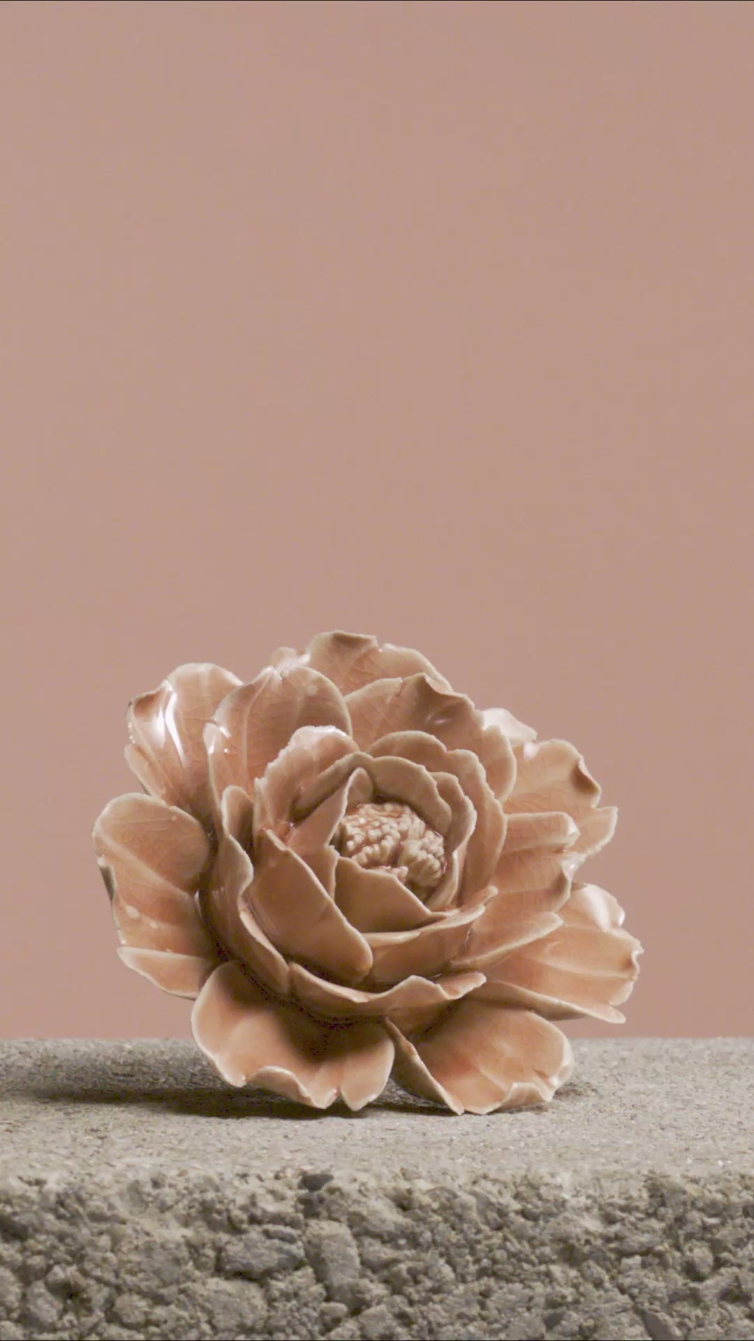Champagne pink rose ceramic wall flower shattered by sledgehammer exploding into pieces with a trail of white smoke in slow motion — English Garden Collection — Chive Studio
