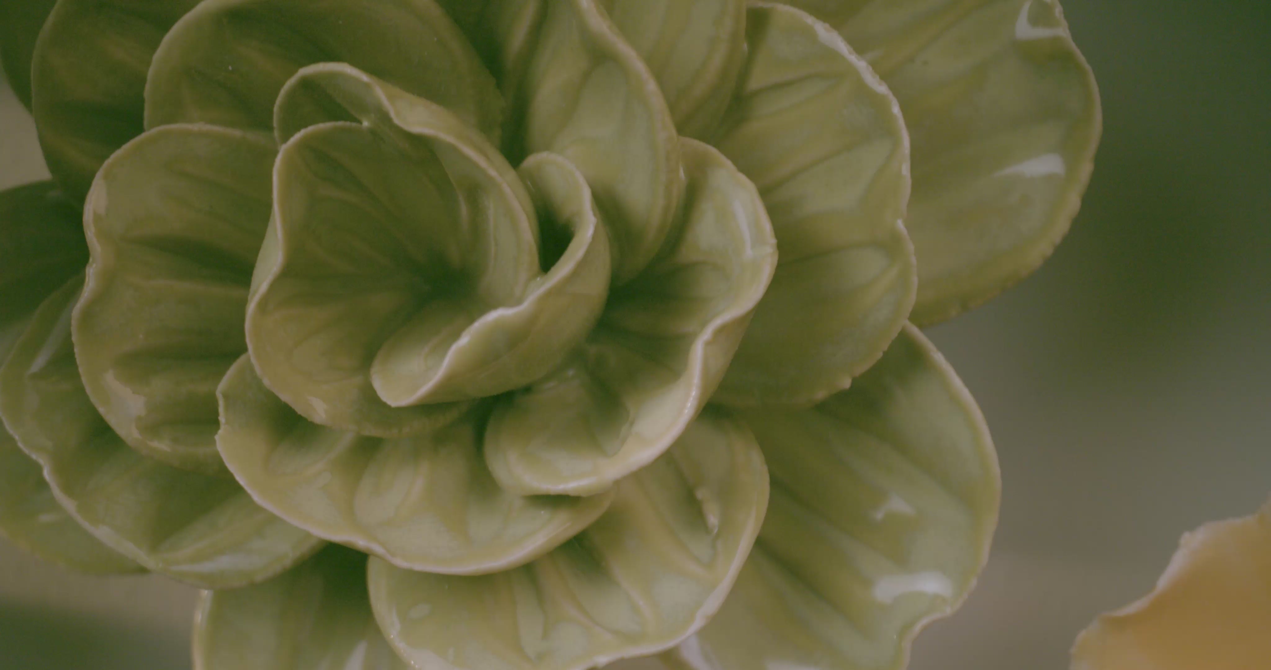 Spinning ceramic flowers, zooming out to see various colors